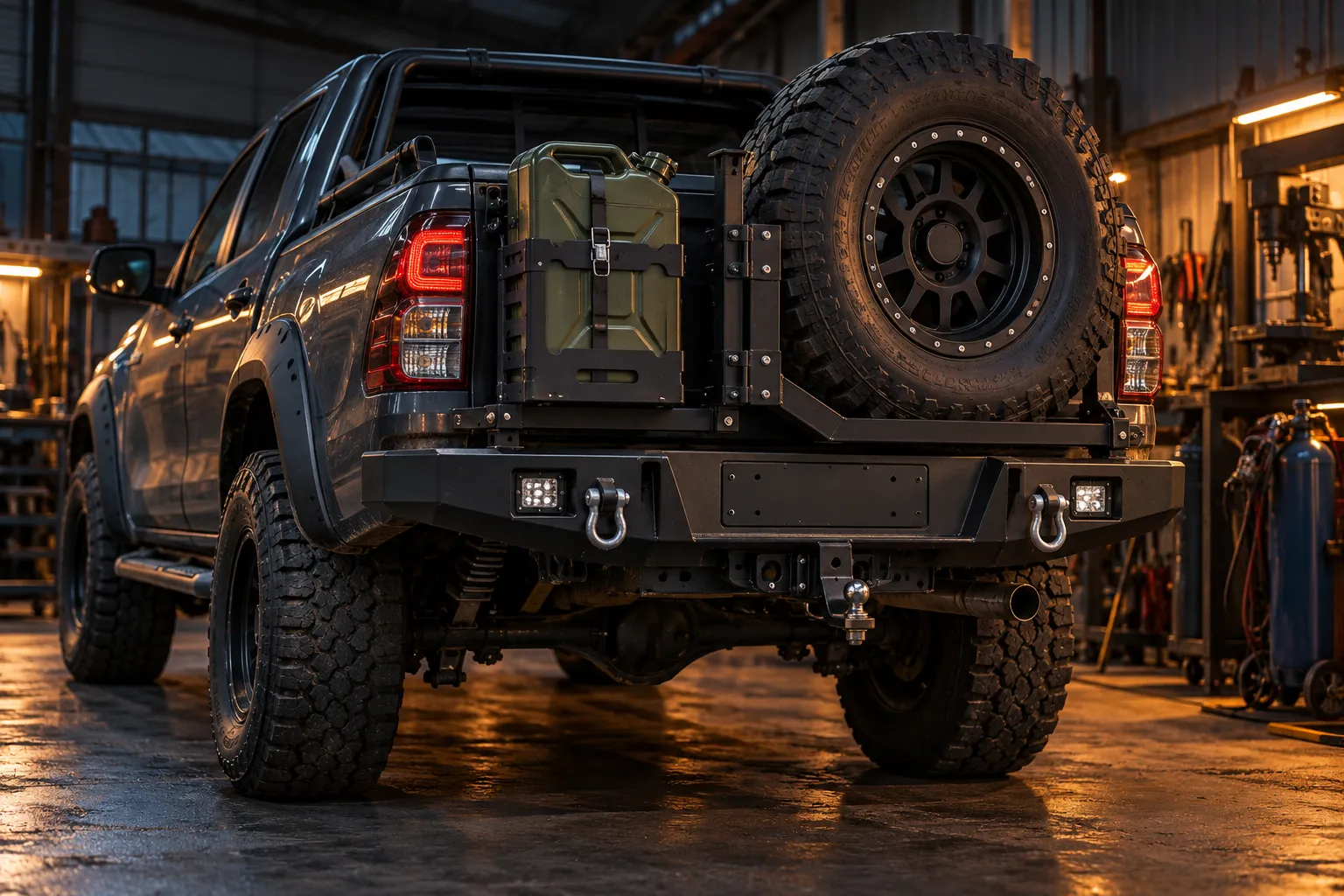 Bakkie with a black steel rear bumper, swing-out spare wheel carrier and jerry can holder